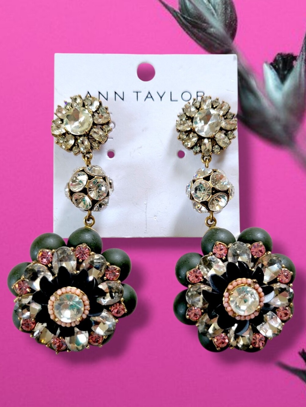 Ann Taylor | NWT Camo Green/Pink Chunky Floral Crystal Drop Statement Earrings